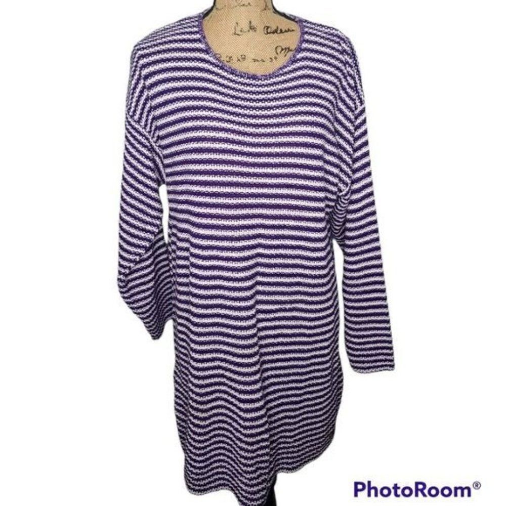 Vintage 80s Purple White Striped Knite Oversized Tunic Sweater Large